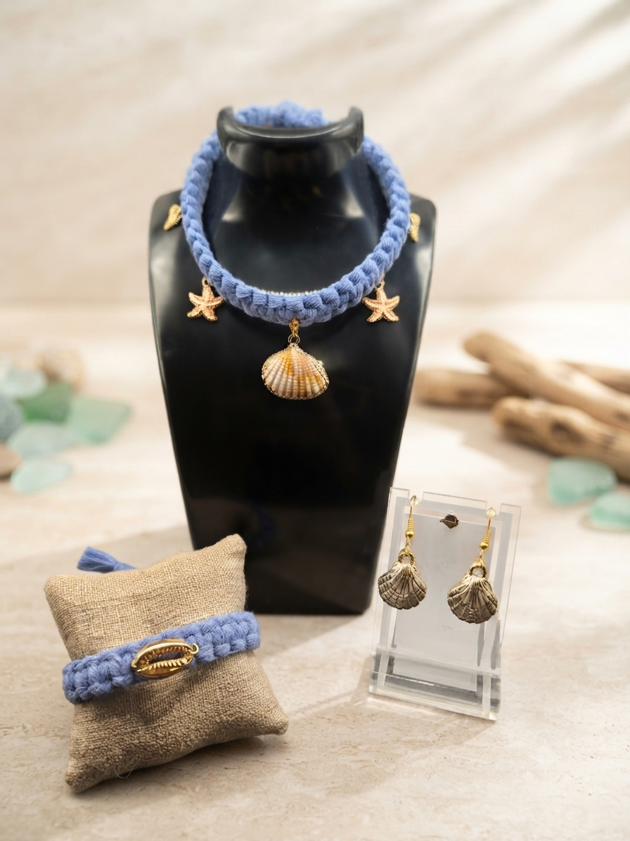 Parure en Macramé Bleu, thème Mer, dorée