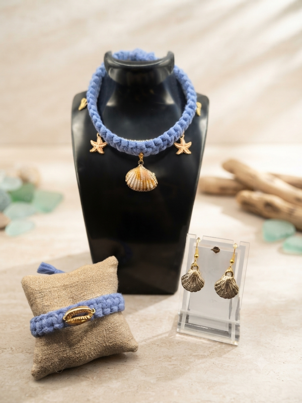 Parure en Macramé Bleu, thème Mer, dorée