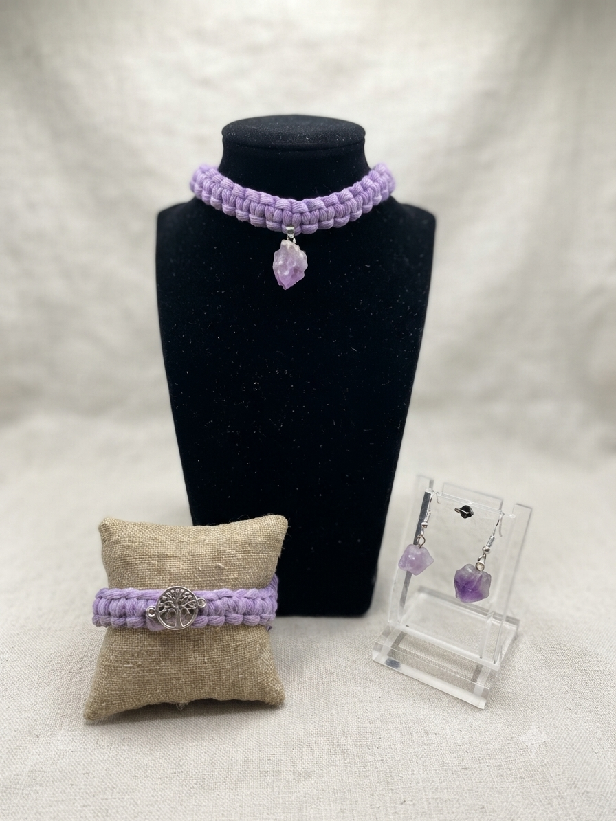 Parure en Macramé Violet , en Améthyste, Argenté