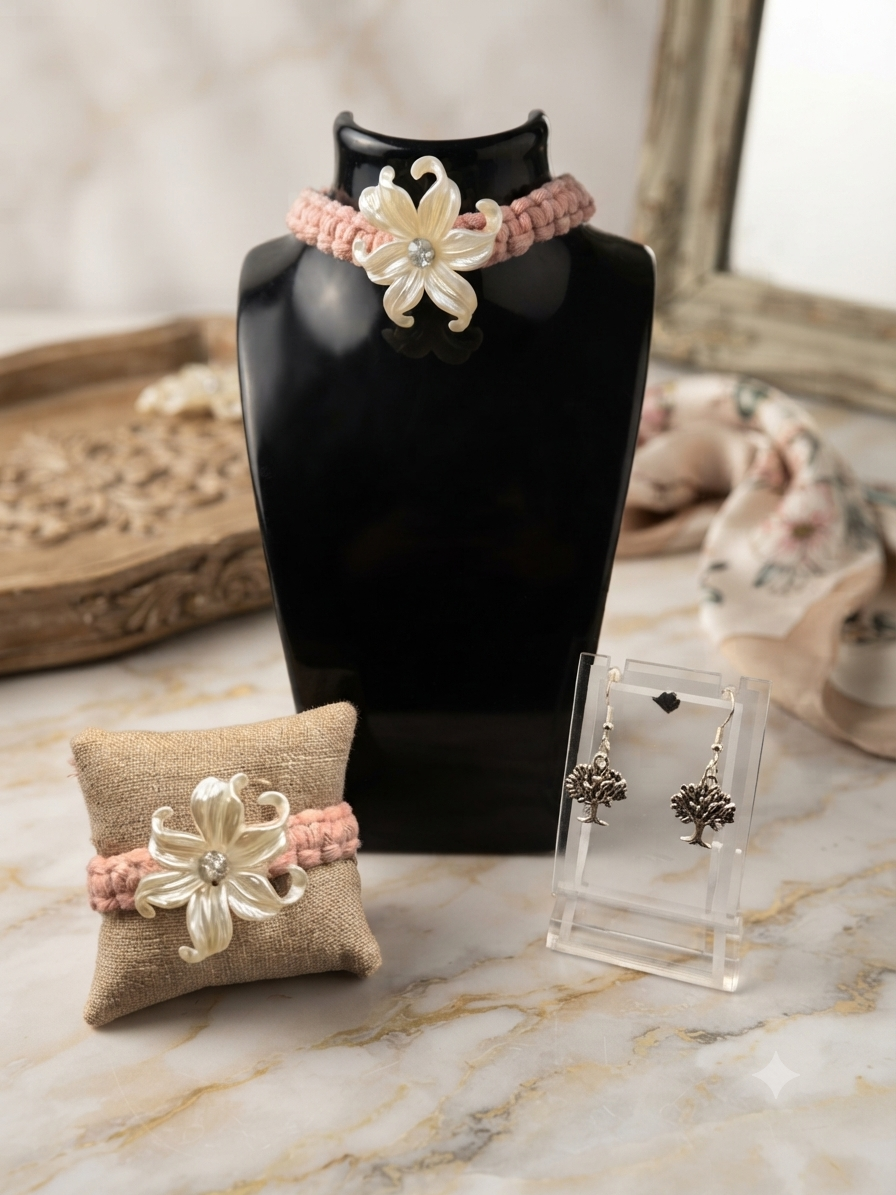 Parure en Macramé Rose , thème Fleurs, Argenté