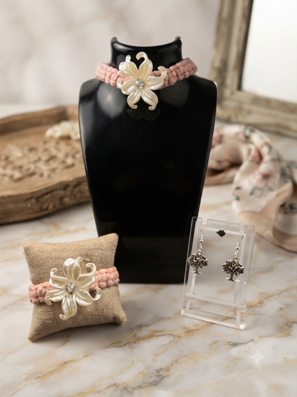 Parure en Macramé Rose , thème Fleurs, Argenté