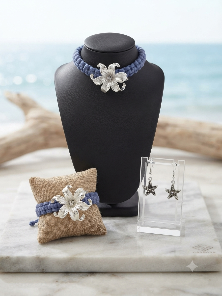 Parure en Macramé Bleu, thèmeFleurs, Argenté