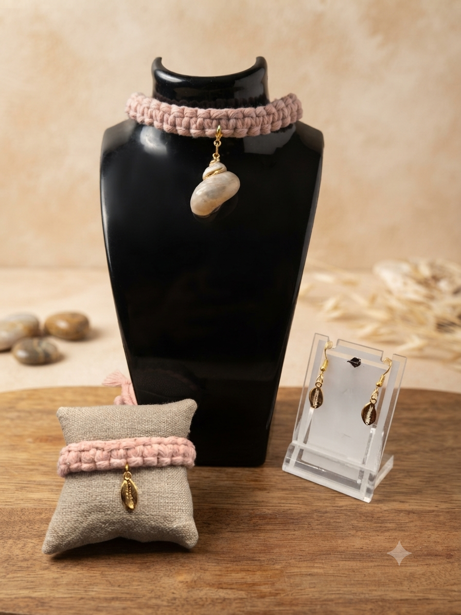 Parure en Macramé Rose, thème Mer, Dorée