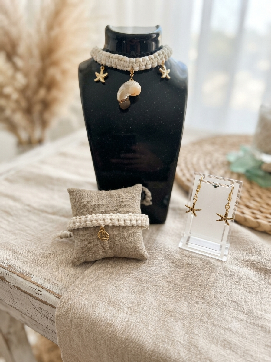 Parure en Macramé Marron/ Beige, thème Mer, Dorée