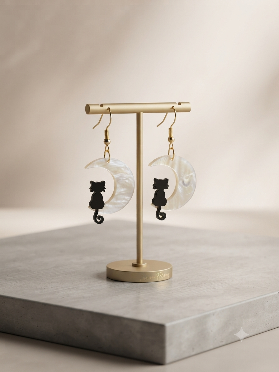 Boucles d'oreilles Chat Lune Blanc Noir
