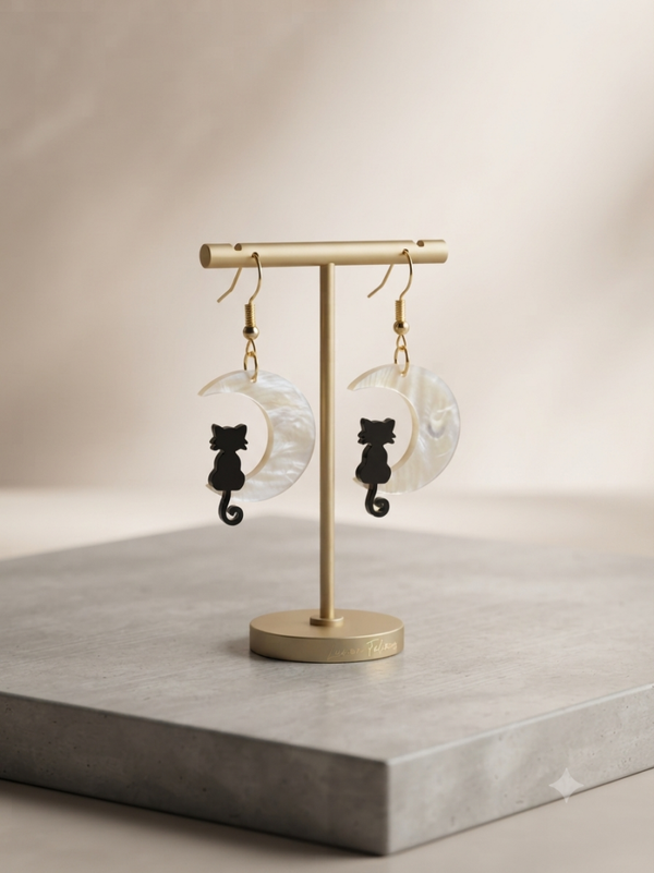 Boucles d'oreilles Chat Lune Blanc Noir