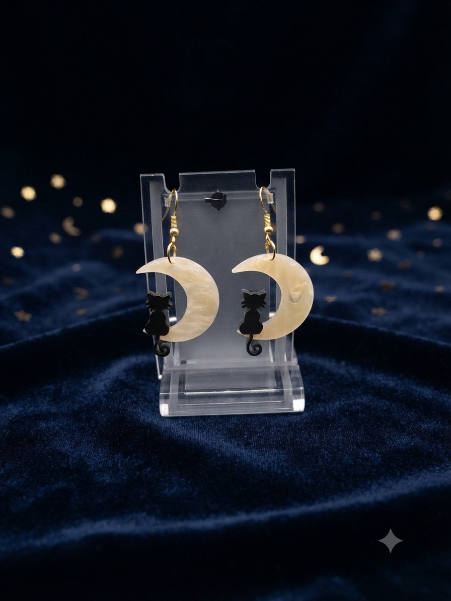 Boucles d'oreilles Chat Lune Beige Noir