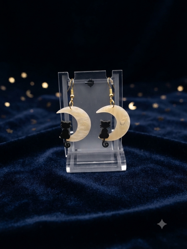 Boucles d'oreilles Chat Lune Beige Noir