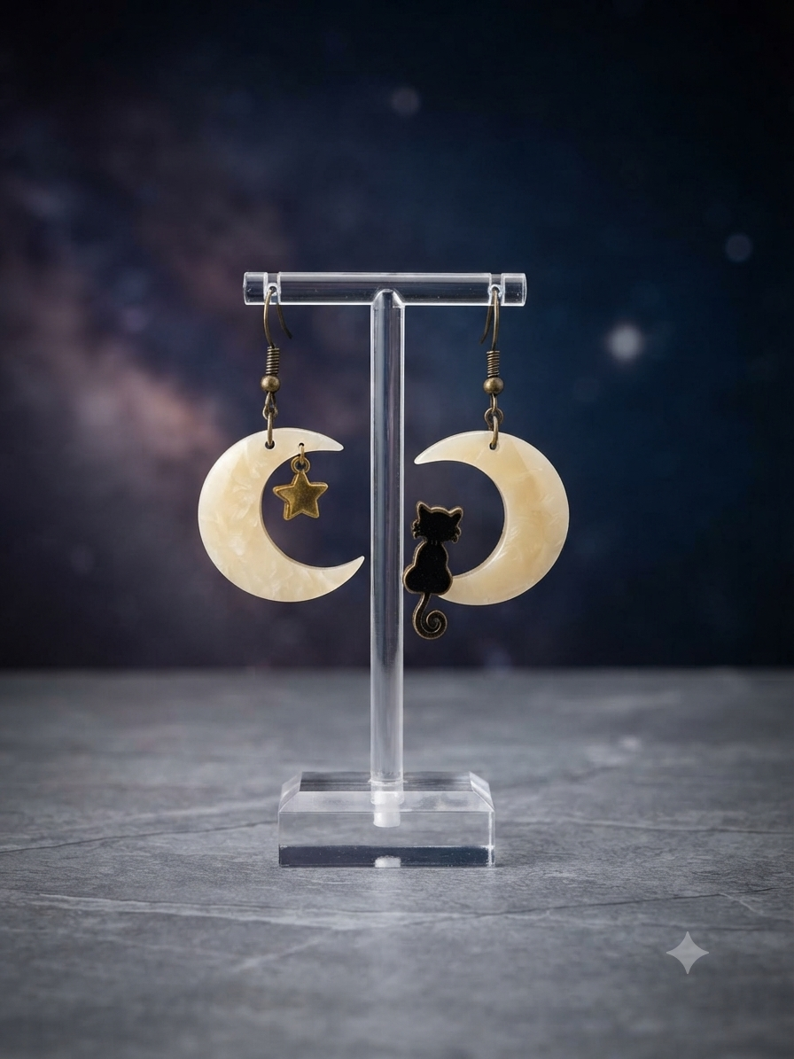Boucles d'oreilles Chat Lune Beige Noir