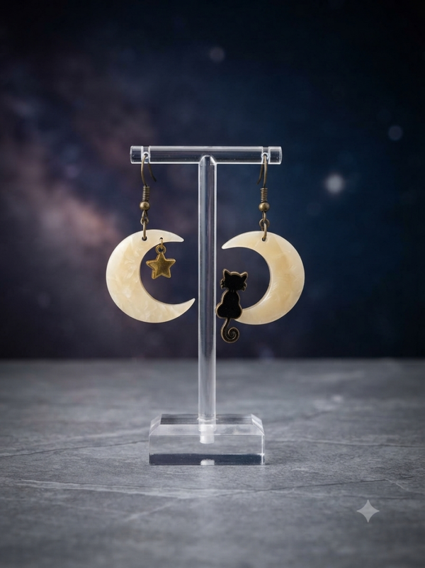 Boucles d'oreilles Chat Lune Beige Noir