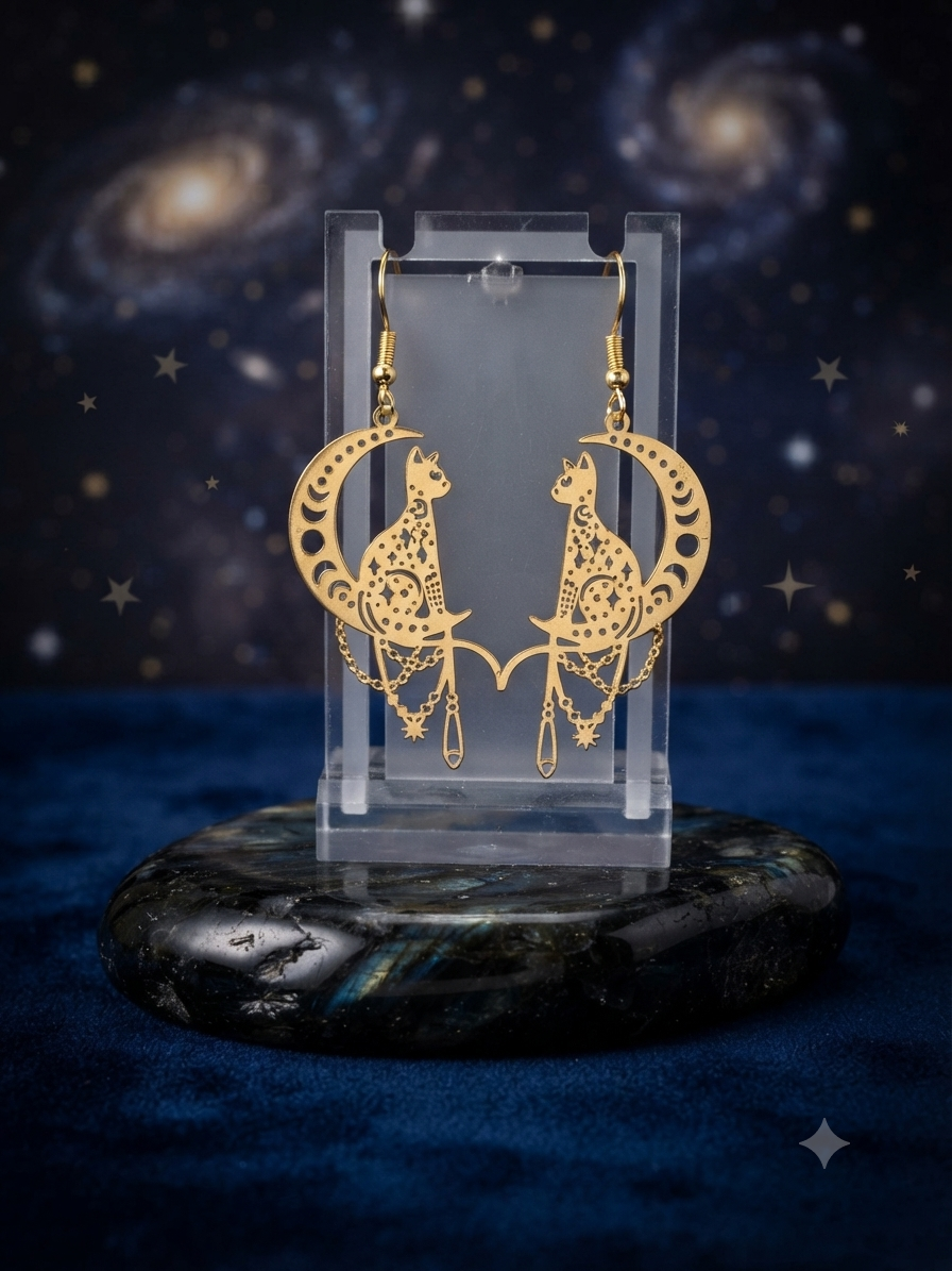 Boucles d'oreilles Chat Lune Or