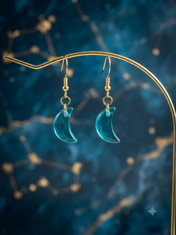 Boucles d'oreilles Lune Bleu Ciel Or