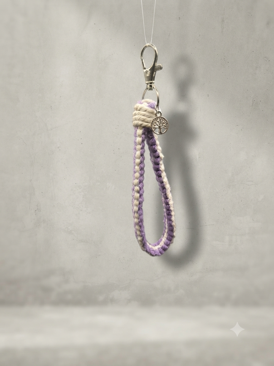 Porte clés en Macramé beige/ violet
