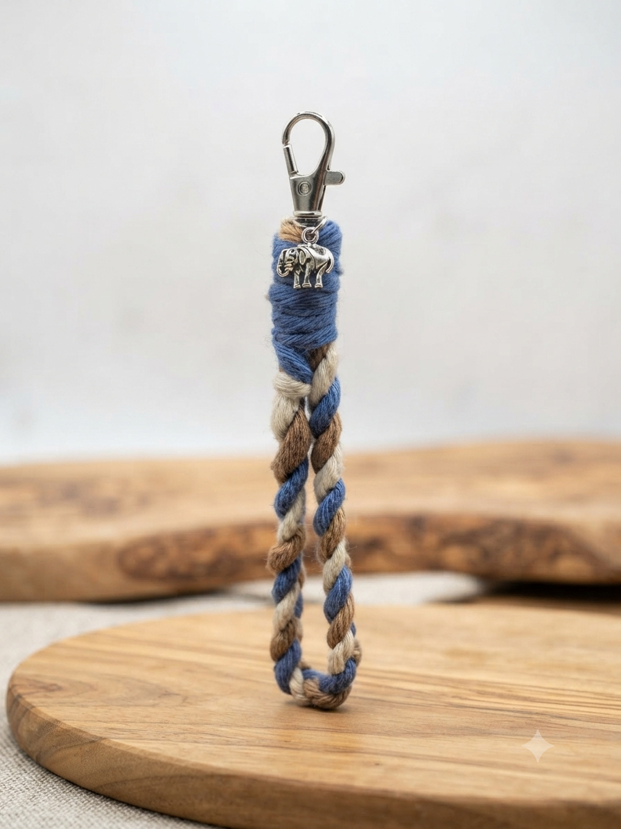 Porte clés en Macramé bleu/ beige/ marron