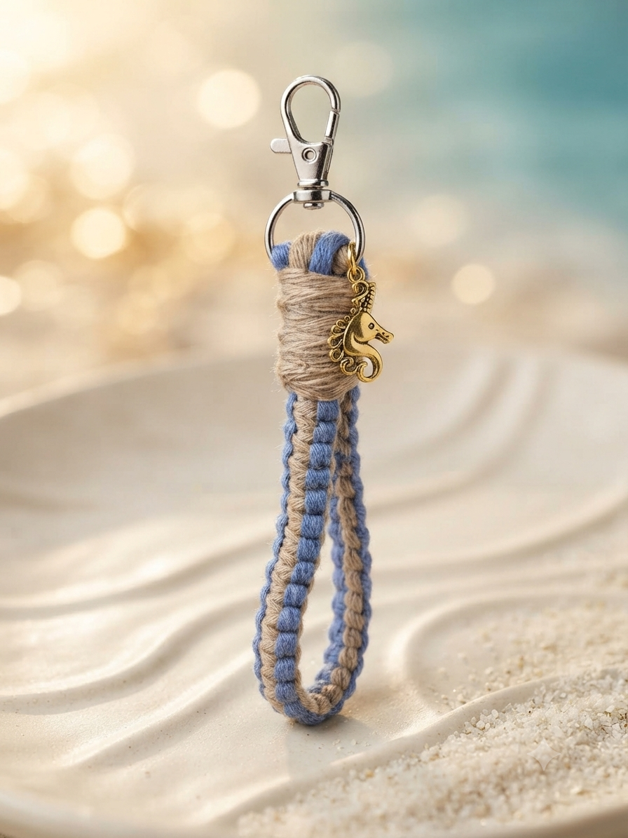 Porte clés en Macramé bleu/ Marron