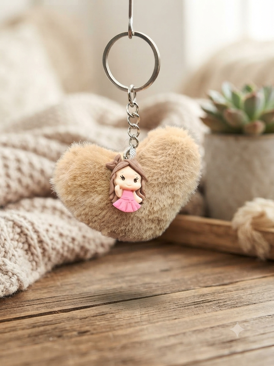 Porte clés Pompon Coeur Marron