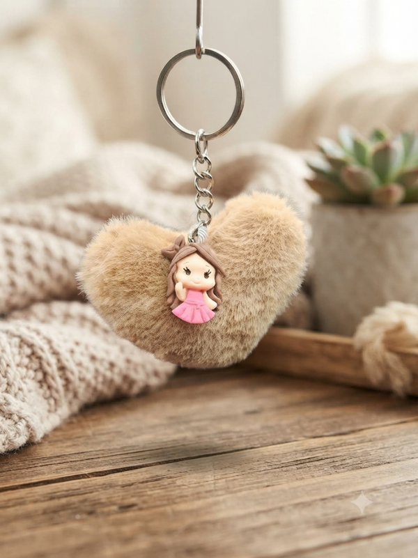 Porte clés Pompon Coeur Marron