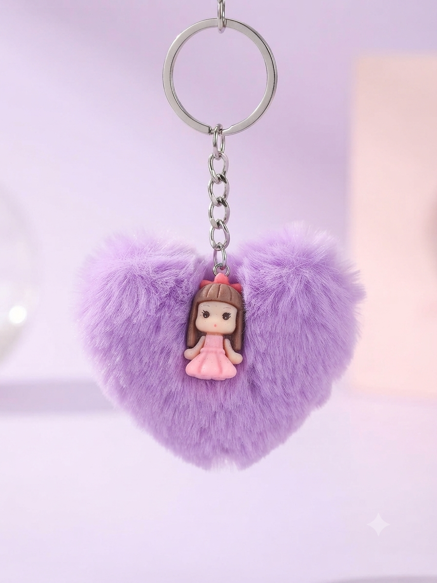 Porte clés Pompon Coeur Violet