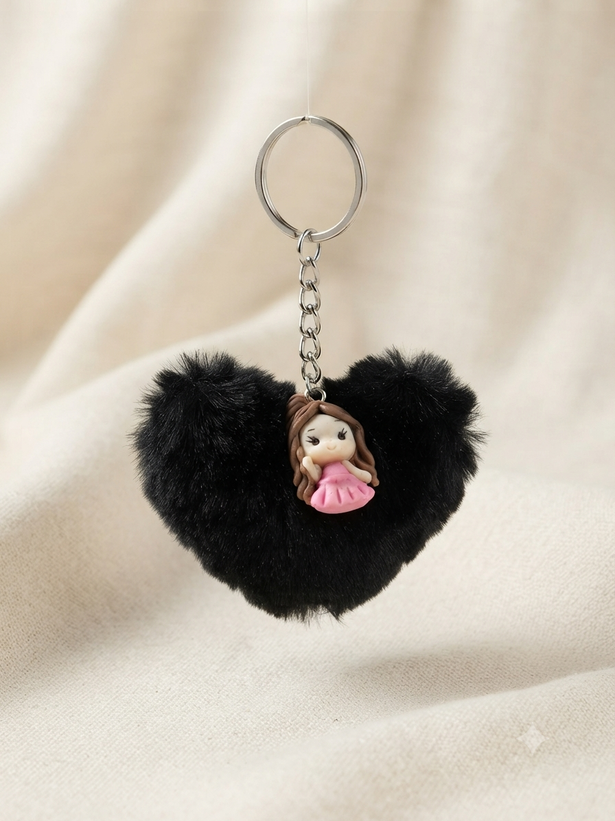 Porte clés Pompon Coeur Noir