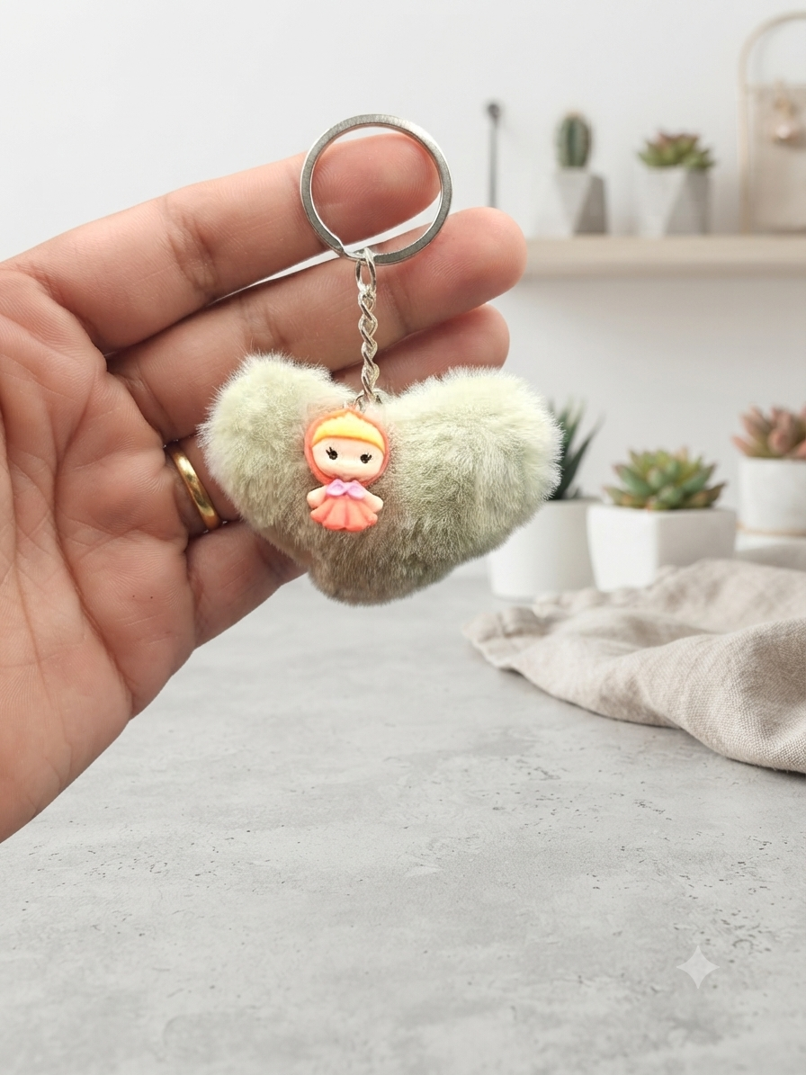 Porte clés Pompon Coeur Vert Olive