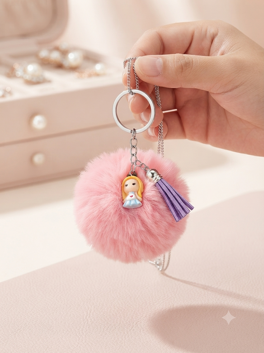 Porte clés Pompon Rose Pale