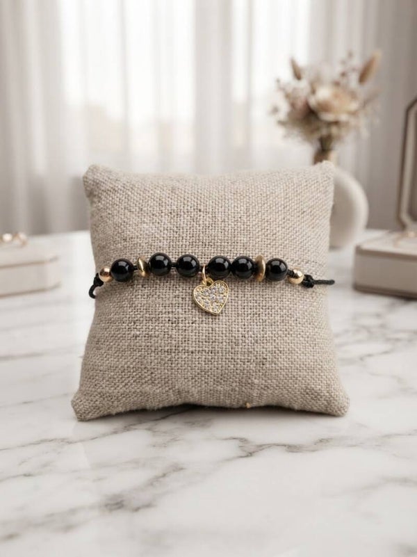 Bracelet Noir, Perle Noir, Cœur Doré