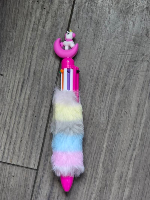 6 in 1 multicolored fluffy fur ink pen - Purple moon dog theme
