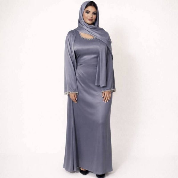 Ensemble Abaya 3 pièces gris perle – Élégance & Raffinement