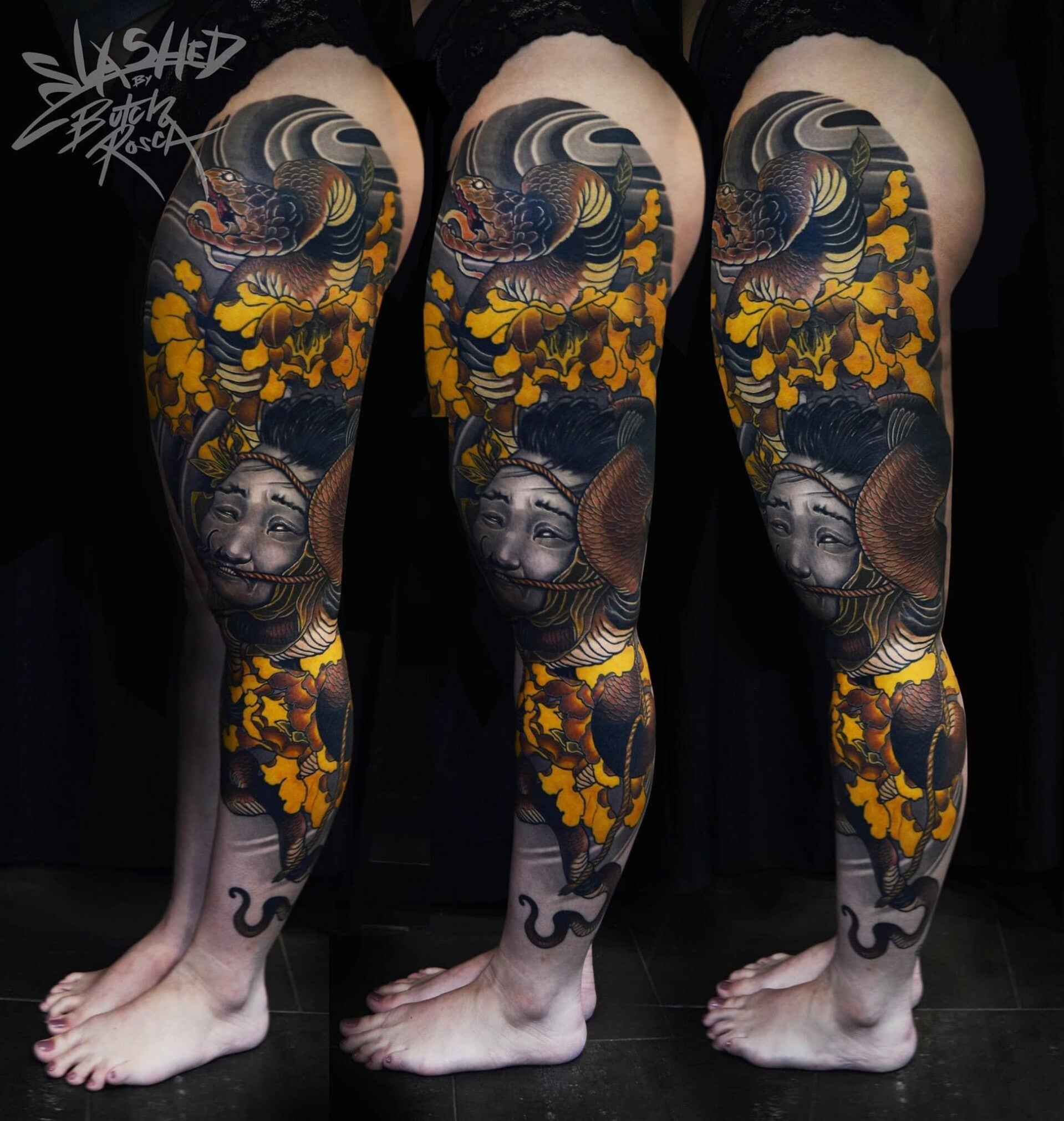 Japanese Snake Colored Leg Tattoo