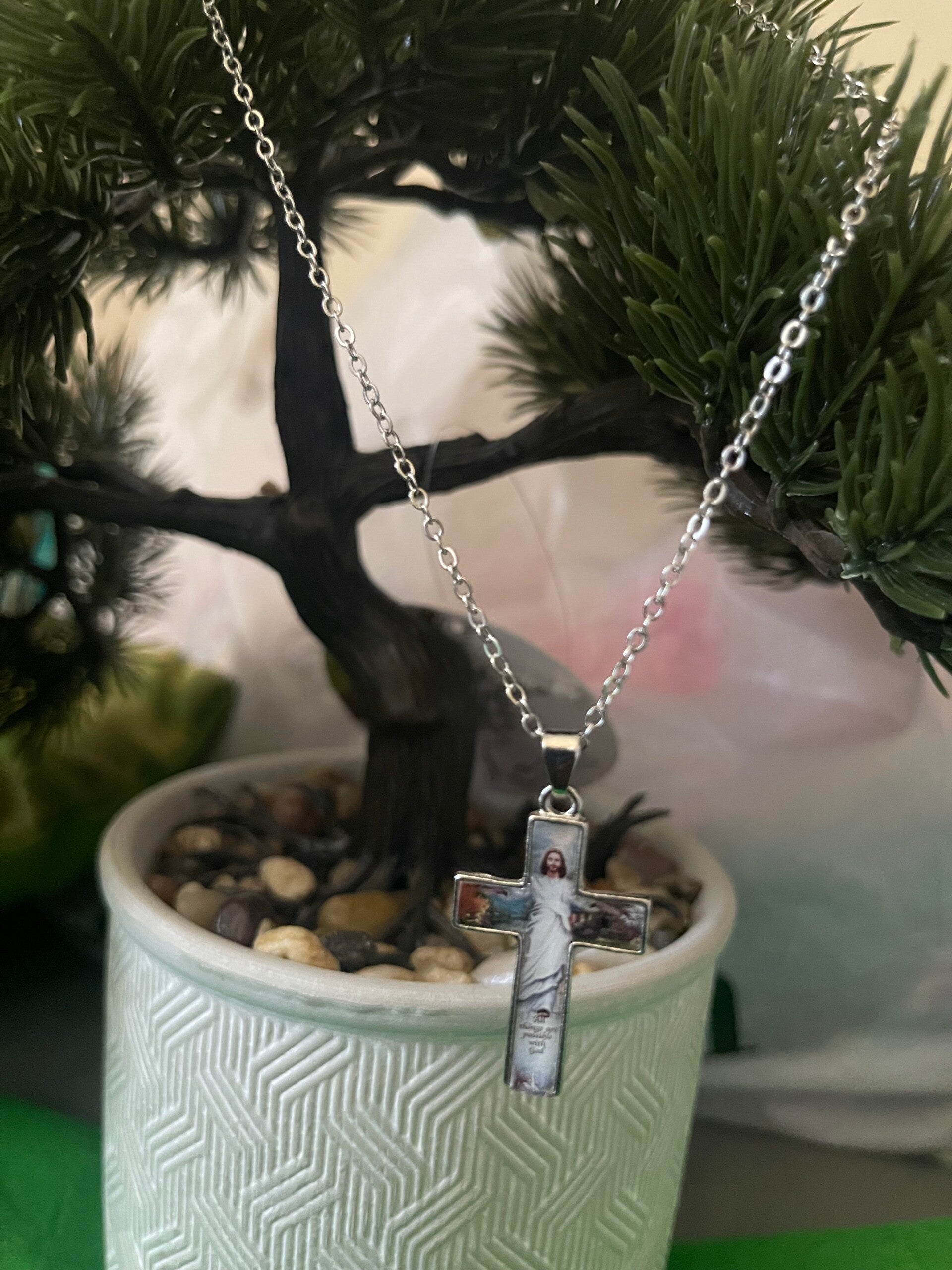 Male, female Silver tone fashion necklace with Jesus Cross