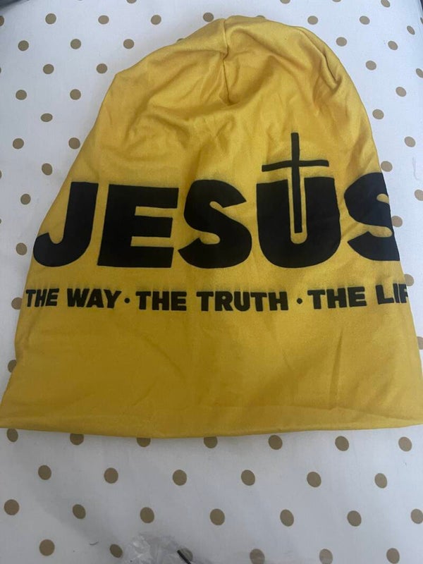 Large male yellow hat with Jesus’s message