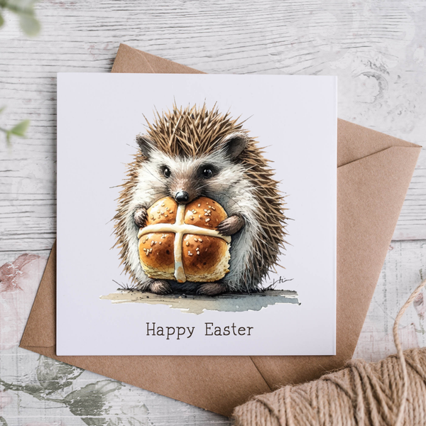 Hedgehog Hot Cross Bun Easter card
