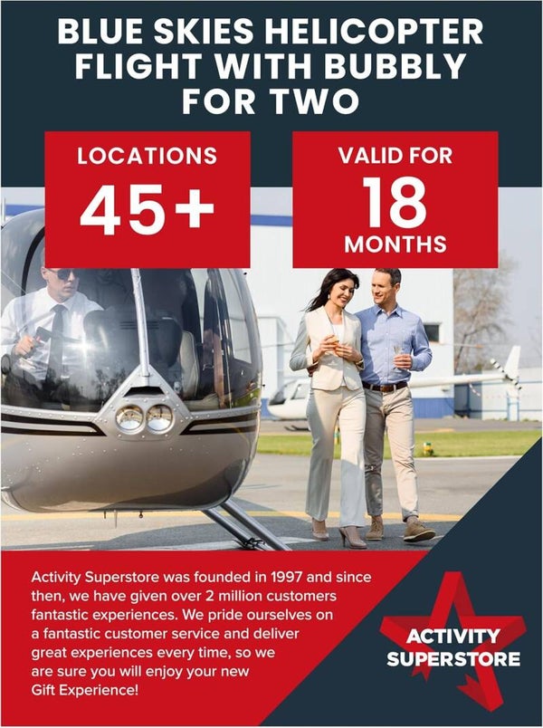 Amazon 🔥 Activity Superstore Blue Skies Helicopter Flight with Bubbly for Two