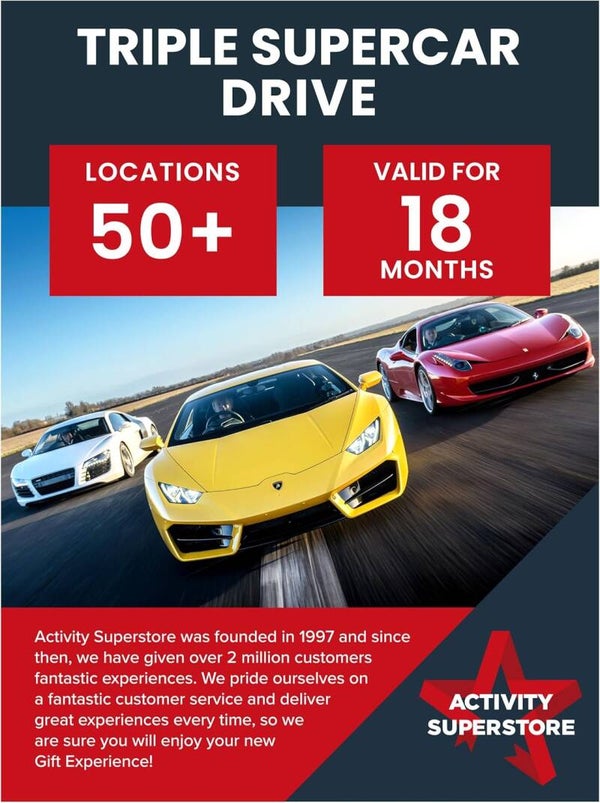 Amazon 🔥 Activity Superstore Triple Supercar Drive Gift Voucher – Ferrari, Lamborghini, Aston Martin & More
