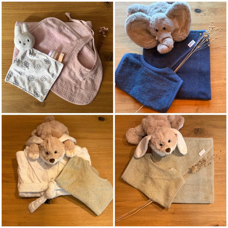 Kraamcadeau met naam in verschillende varianten – inclusief zachte knuffel, slabbetje en badcape of badjasje in roze, blauw, beige en wit, professioneel samengesteld door Stitch for kids