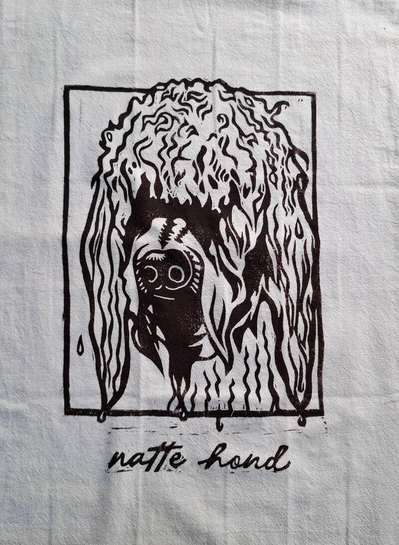 Wet Dog / Linocut on Teatowel