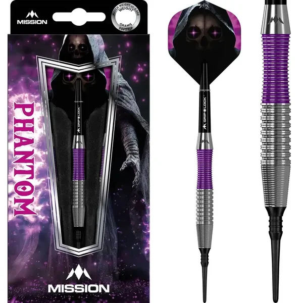 Mission Phantom Darts - Pointe souple - Laiton - Enduit argenté et violet