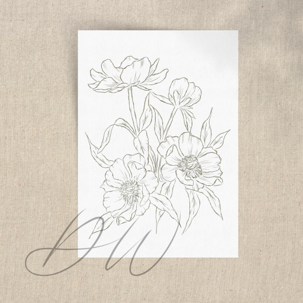 Wenskaart Pioenrozen lijntekening