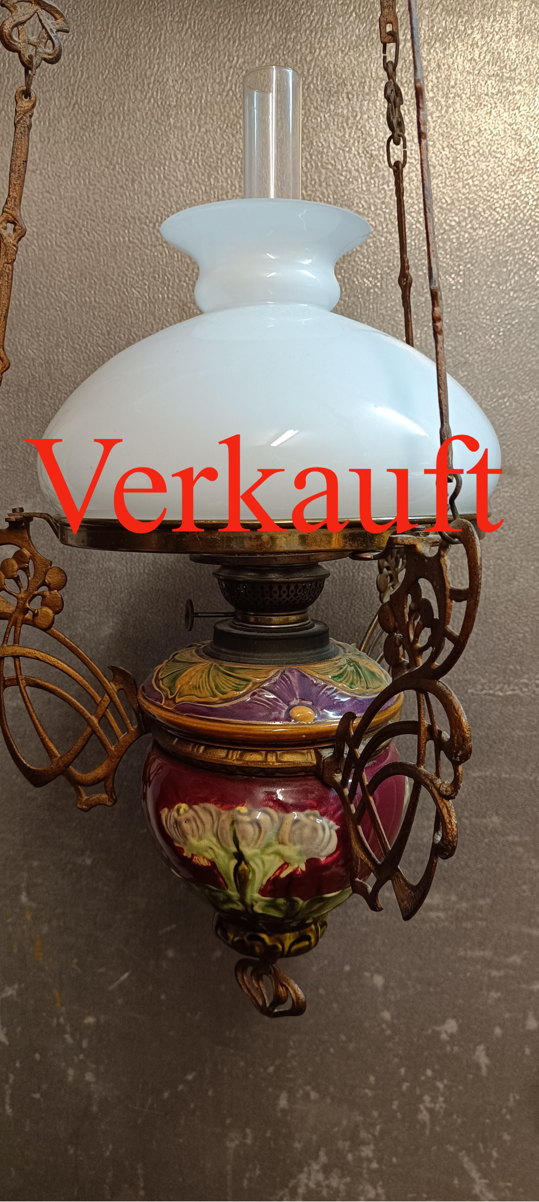alte Lampe, Deckenlampe, Petroleumlampe Majolika, Jugendstil , original