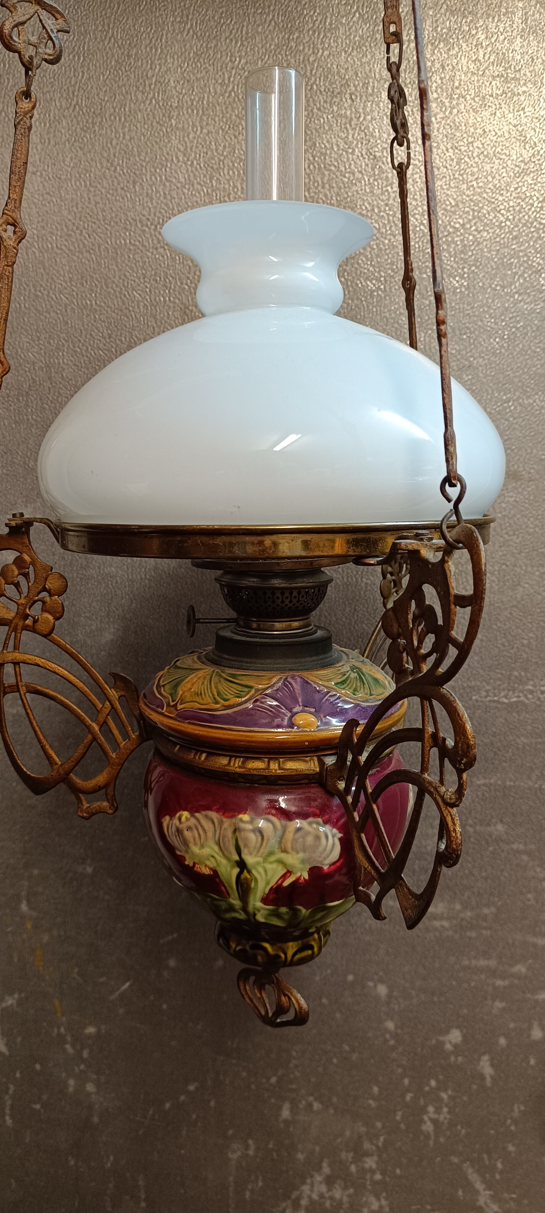 alte Lampe, Deckenlampe, Petroleumlampe Majolika, Jugendstil , original