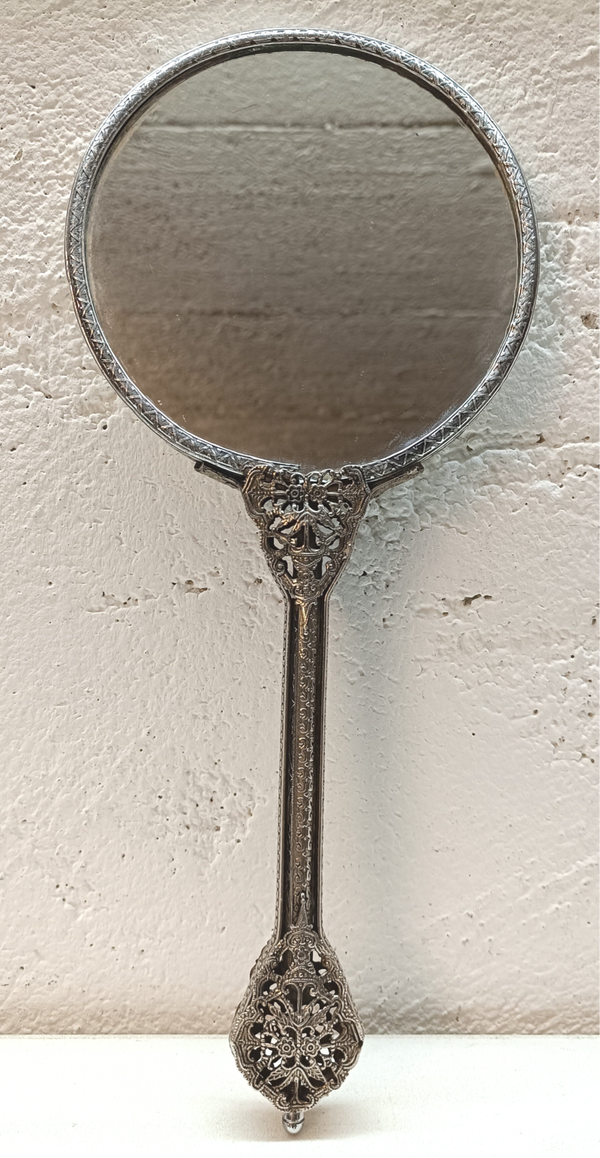 Handspiegel antik Messing verziert 2 runde Spiegel (normal &Vergrößerung)