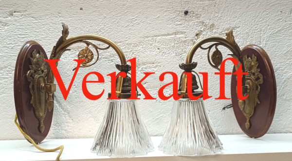 Paar schwere Messing Holz Glasschirm Wandleuchte Wandlampe
