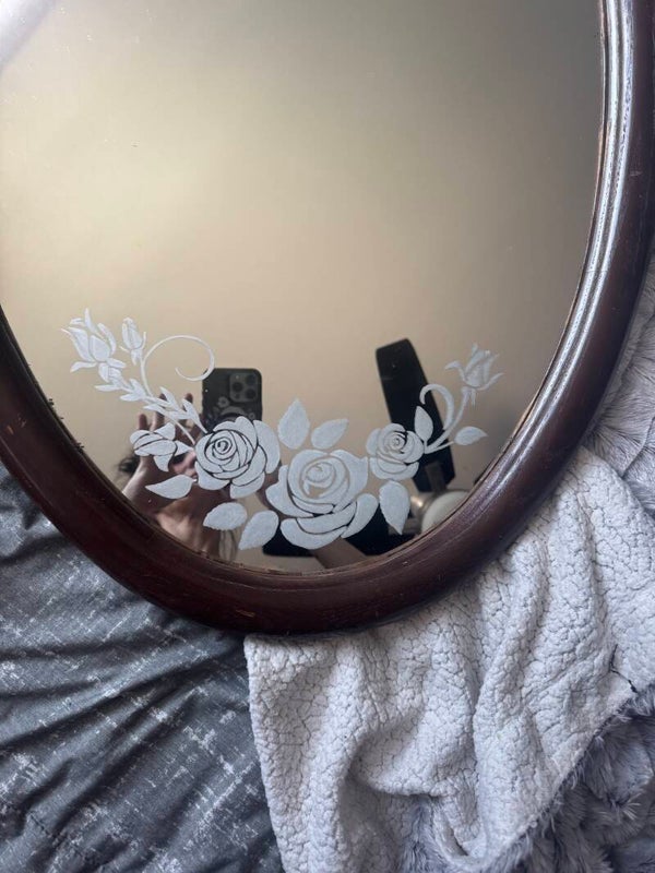 Floral Oval Mirror – Custom Etched Roses & Leaves (SOLD)