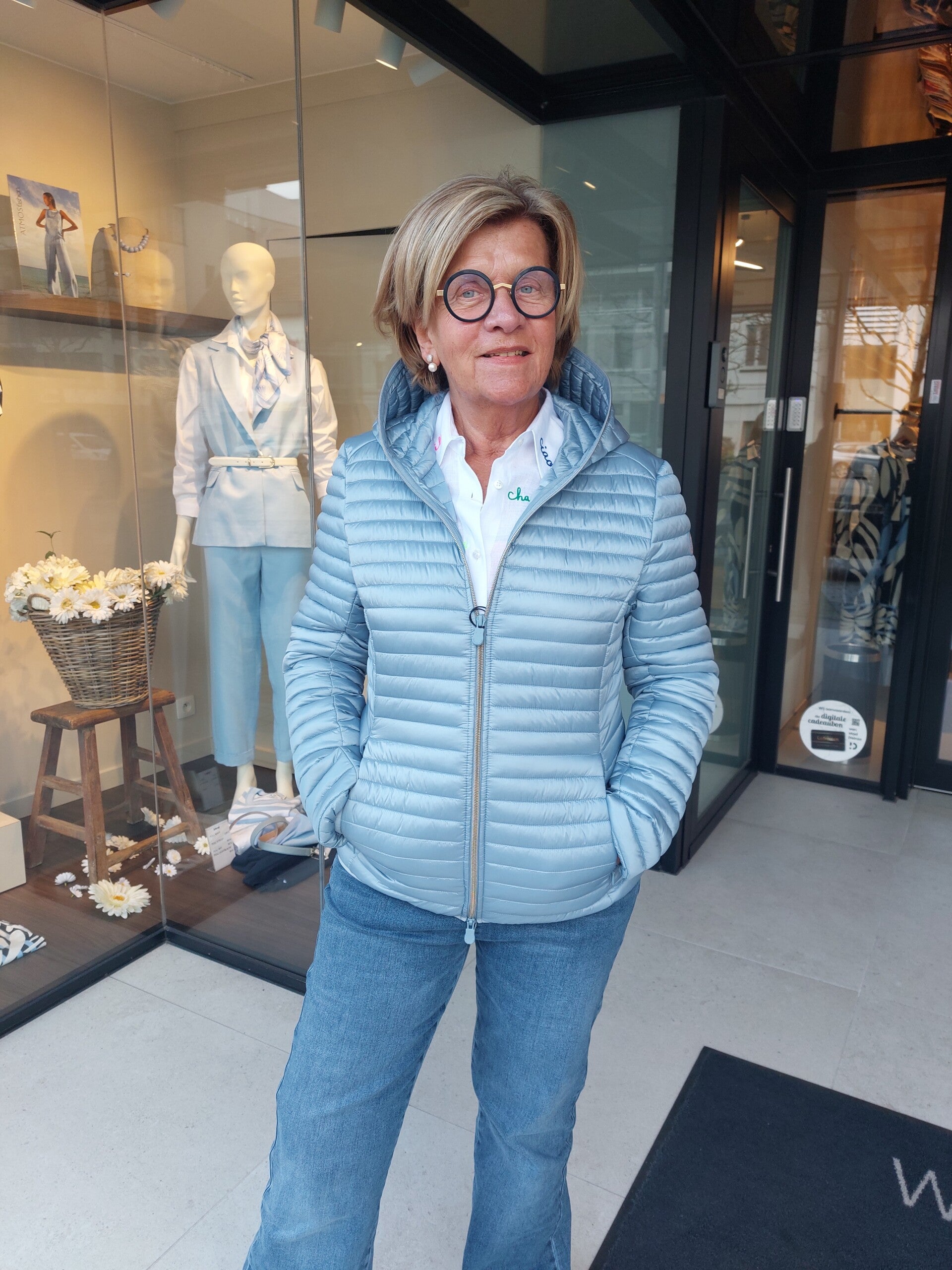 Donsjasje jeansblauw met kap - Save The Duck