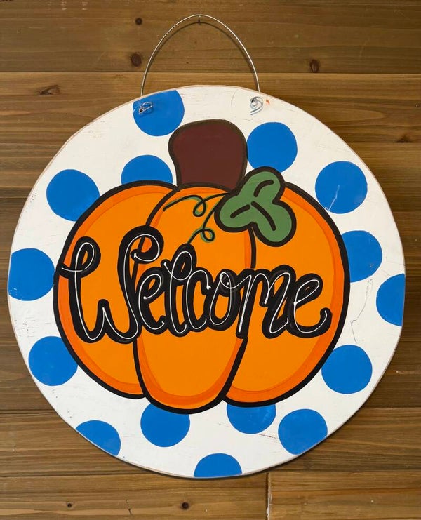 Blue Polka Dot Welcome Pumpkin