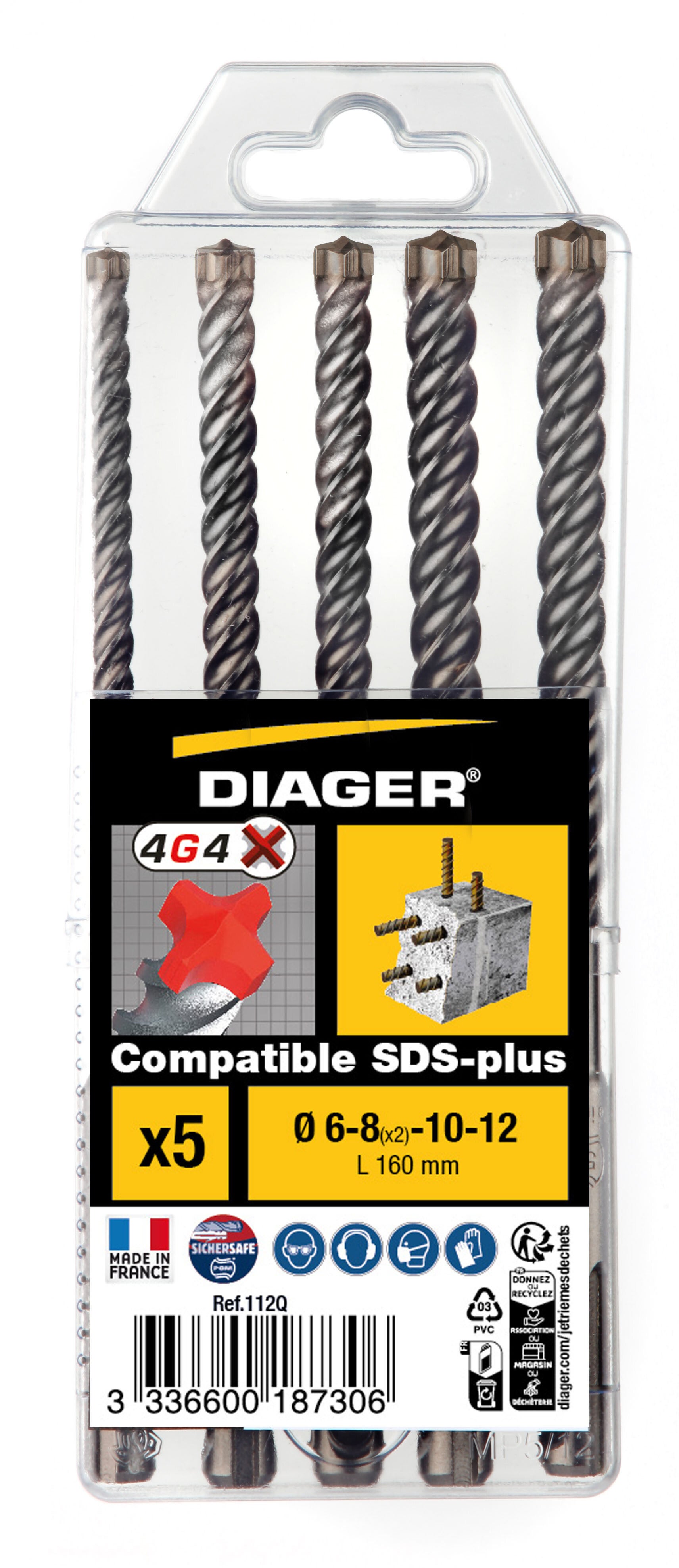 Coffret 5 forets Pro SDS + béton 160mm Diager 6,8(x2),10,12 -R139127- 112Q