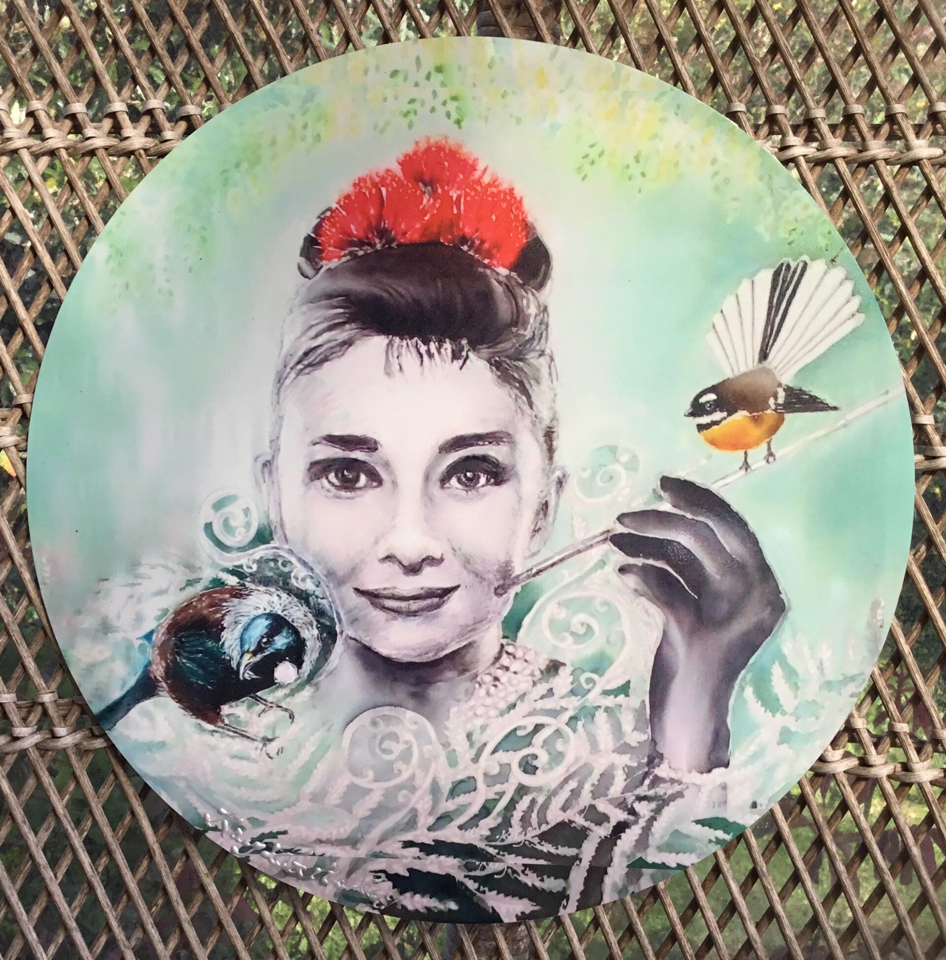 Audrey Portrait painting with Tui and Fantail - Outdoor Garden Art Panel