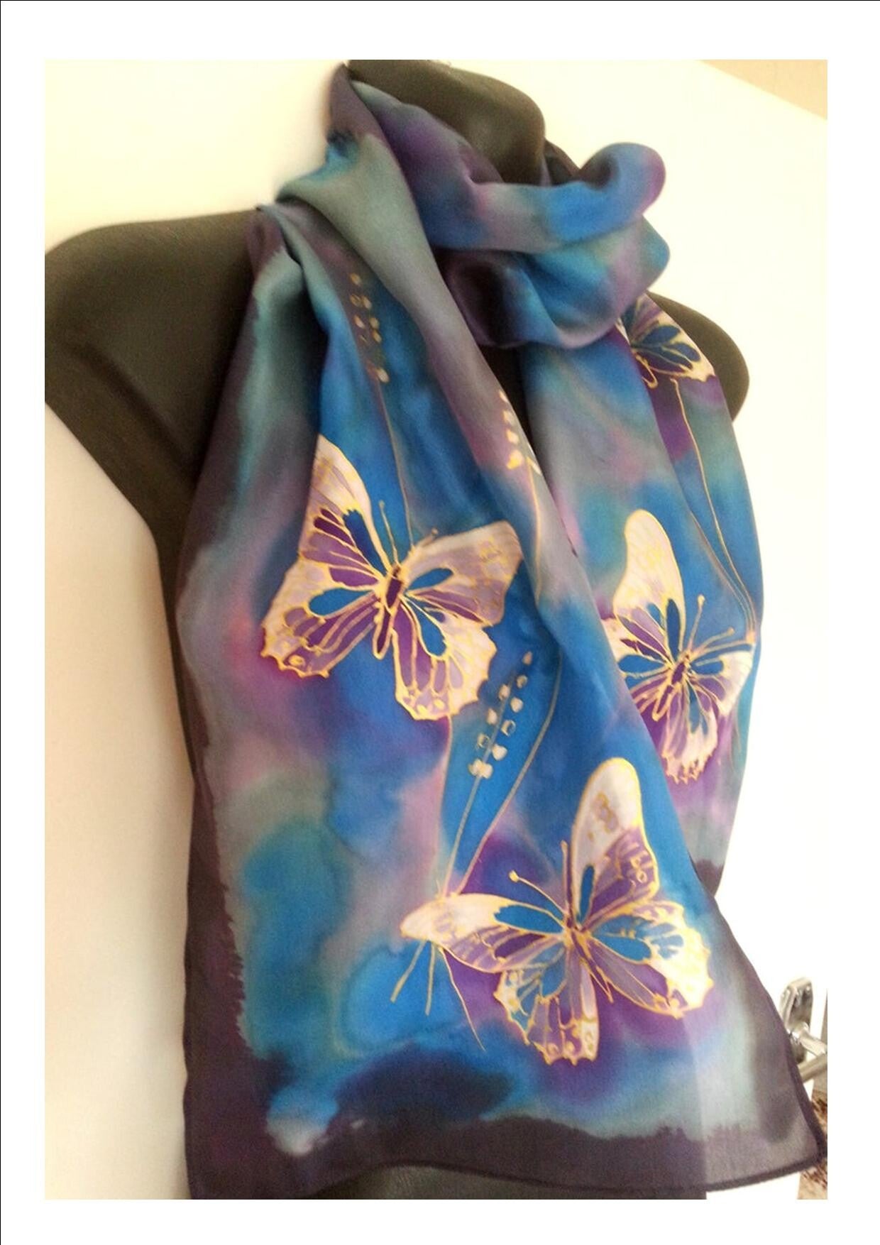Gold Filigree Butterfly - Hand painted Silk Scarf