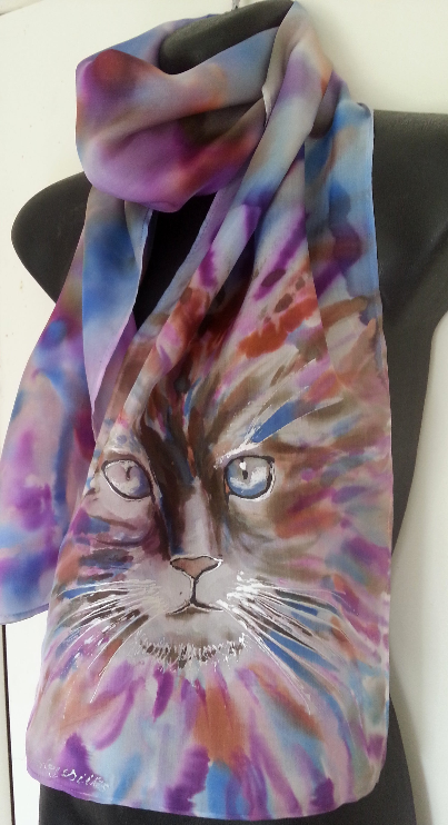 Tabby Cat Face - Animal Hand Painted Silk scarf