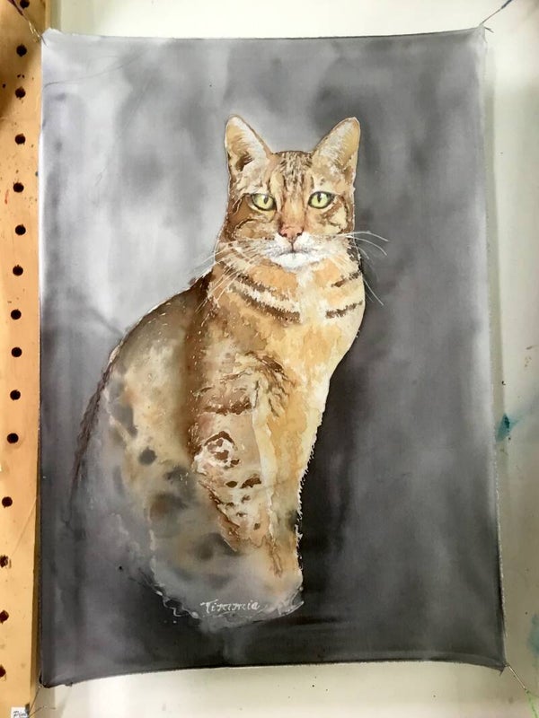 Commissioned Silk Painting of a Ocicat cat. Bespoke Silk Art